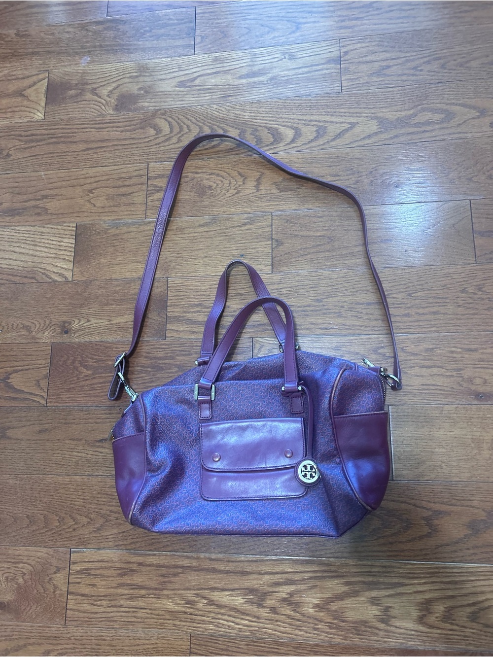 Tory Burch Vintage Plum Leather Convertible Satchel with Crossbody Strap
